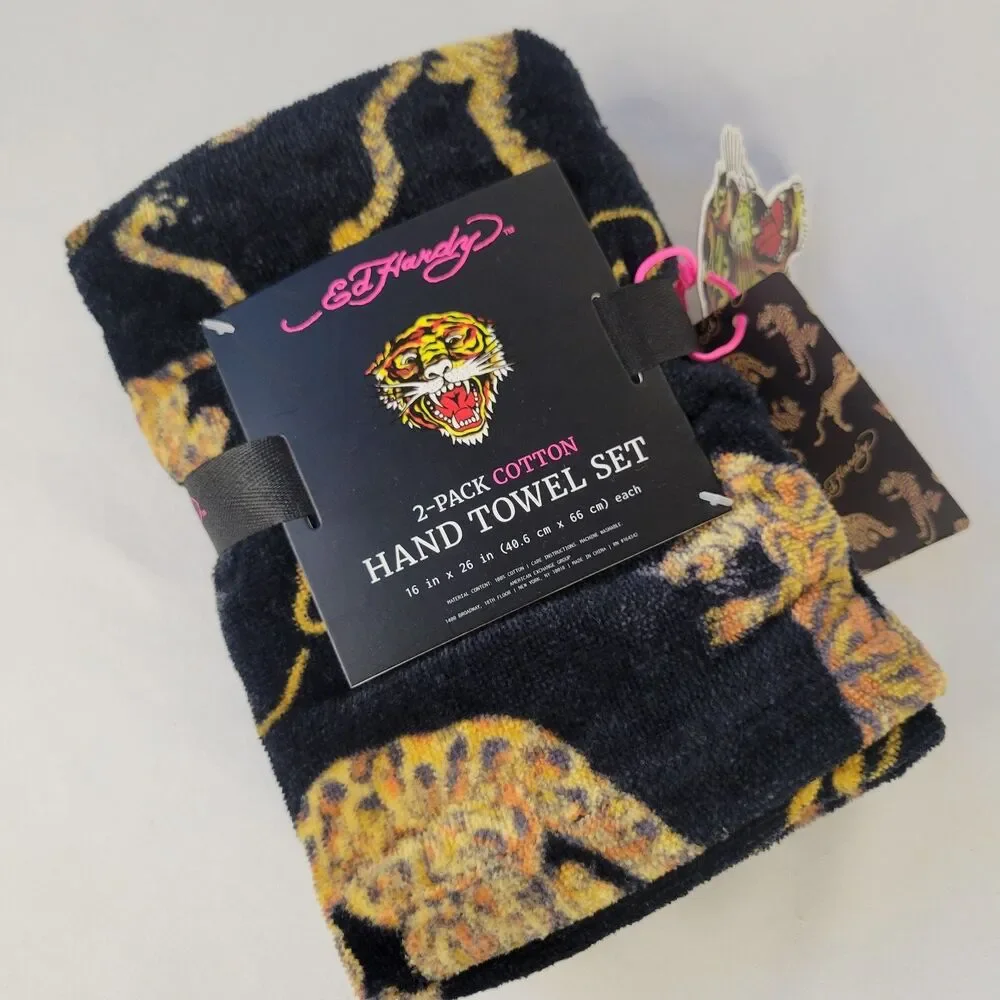 Set of 2 Ed Hardy Hand Towels Tiger 100% Cotton 16x26
